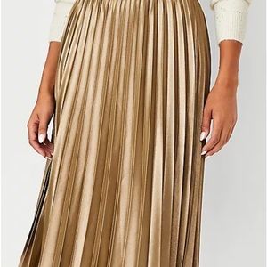 Ann Taylor Shimmer Pleaded Midi Skirt in a Bronze/Gold color